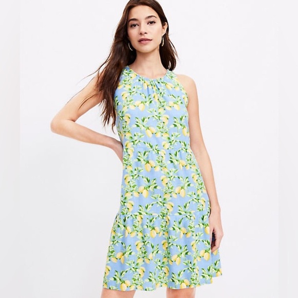 Loft Blue Sleeveless Lemon Print Dress Sz Large Petite - Picture 1 of 5